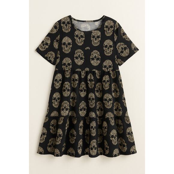 Emery Rose Black Skull Print Dress Empire Waist Goth Short Sleeve Women’s XL - Picture 2 of 5